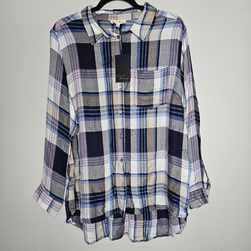 Jane and Delancey Womens 1X Blue Plaid Country Button Up Top Horse‎ Ranch Chore